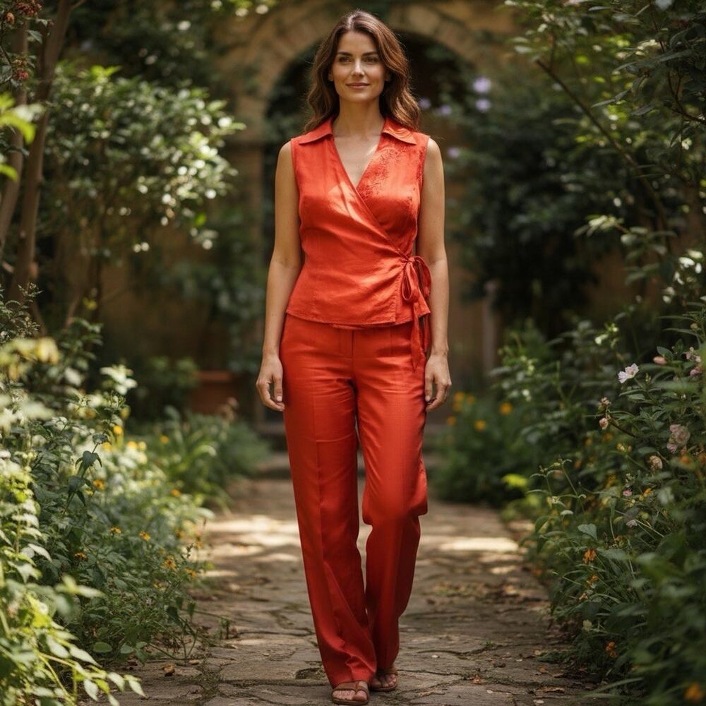 Vintage 100% Silk Orange Suit Small Co Ord Set Sleeveless Wrap Top Tapered Pants